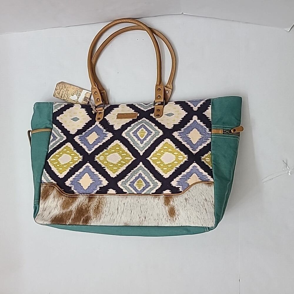 New Sixtease Tote Weekender Bag Leather Canvas Boho Southwestern Multi Textures - Picture 10 of 12